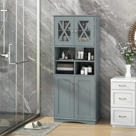 57-Inch Tall Freestanding Bathroom Storage Cabinet with 3 Adjustable Shelves and Acrylic Doors Gray {1}