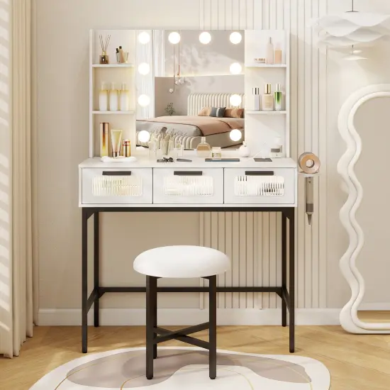 White Vanity Set with 3-Color LED Mirror, Charging Station & Storage {5}