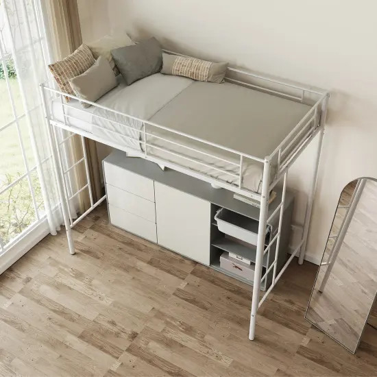 Metal Loft Bed Frame with Dual Ladders, Safety Guardrails and Under-bed Storage White {3}