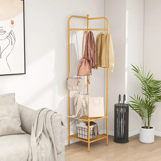 Corner Coat Rack with Top Hanger and 2 Mesh Shelves for Entryway Golden {6}