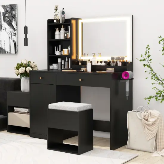 Vanity Set with 3-Color Adjustable Lights, Storage, Charging Ports and Stool Black {4}