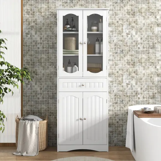 63 Inch Tall Freestanding Bathroom Storage Cabinet with 3-Position Adjustable Shelves and 2 Glass Doors White {1}