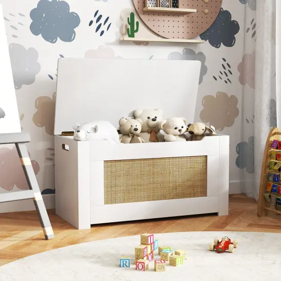 White-Natural MDF Rattan Toy Box with Flip Lid, Storage, and Bench Seat {2}