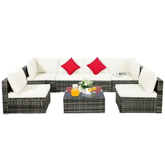 Costway 7PCS Patio Rattan Furniture Set Sectional Sofa Garden White Cushion {3}