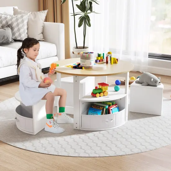 Kids Table Set with 4 Stools, MDF Nesting Design and Storage Bins Natural {1}