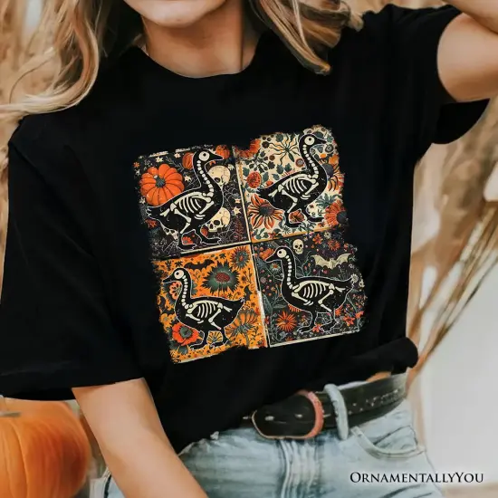 Skeleton Goose Patchwork T-Shirt, Floral Halloween Tee for The Spooky Season {2}