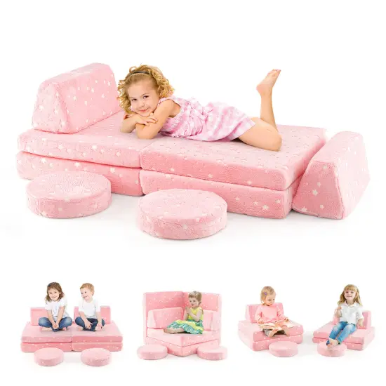 Flannel Kids Play Couch Set and 6-Piece Glow-in-the-Dark Modular Sofa Pink {3}