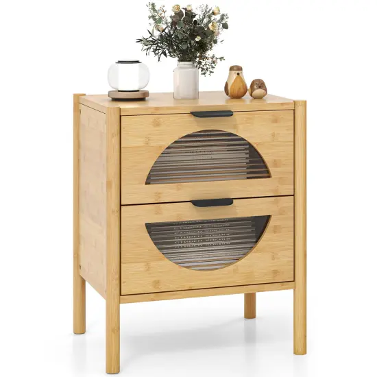 Bamboo Nightstand with 2 Storage Drawers and Reeded Tempered Glass Fronts-Natural {4}