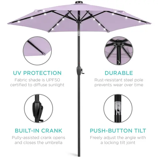 Best Choice Products 7.5ft Outdoor Solar Patio Umbrella for Deck, Pool w/ Tilt, Crank, LED Lights Lavender {5}