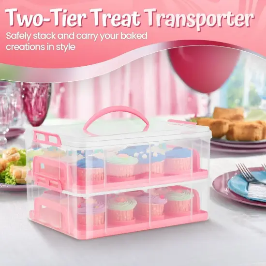 Cupcake Carrier, Cupcake Holder for 24 Cupcakes, Portable and Reusable Rectangular Cake Carrier with Lid and Handle, 2 Tier Stackable Layer Insert (Pink) {2}