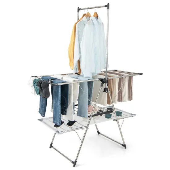 Silver 2-Tier Foldable Clothes Drying Rack with Tall Hanging Bar and Height Adjustable Gullwings {4}