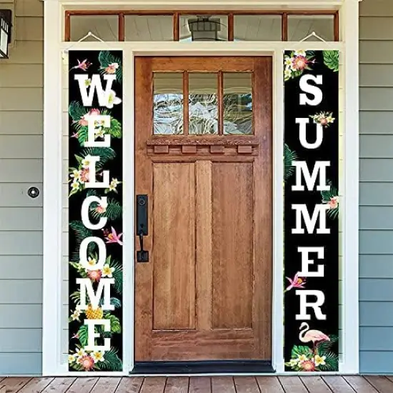 Welcome Summer Porch Sign, Floral Flamingo Welcome Summer Banners for Outside Door, Hawaii Party Decorations, Hanging Banner Flag, Door Hanging Banners Supplies {5}