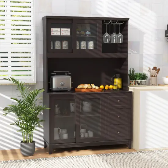 Kitchen Pantry Storage Cabinet with 2 Compartments with Doors and LED Lights and Power Outlet Dark Brown {1}
