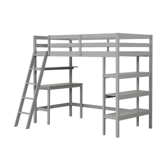 Twin Loft Bed with Desk and Bookshelves for Kids and Teens Gray {3}