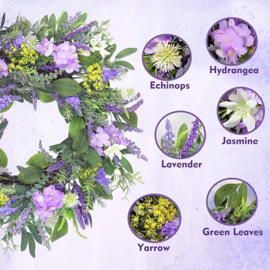 21 Inch Spring Wreath for Front Door,Artificial Summer Wreath with Lavender Hydrangeas and Greenery Leaves,Purple Flower Wreath for Home Wall Window Farmhouse Party Holiday Decor {4}