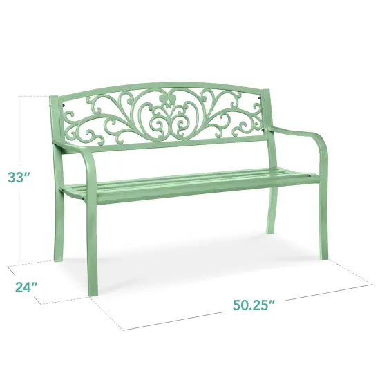 Best Choice Products Outdoor Steel Bench Garden Patio Porch Furniture w/ Floral Design Backrest Mint Green {2}