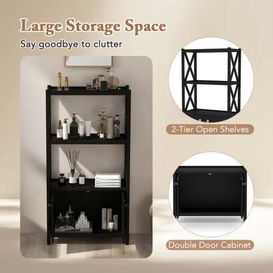 Tall Freestanding Floor Bathroom Storage Cabinet with 2-Tier Open Shelves and Magnetic Doors Black {6}