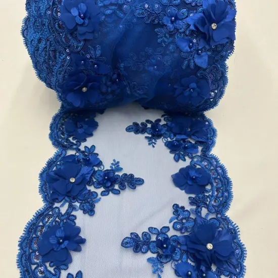 3 Yard Sequin 3D Lace Fabric 22.86 cm Wide Mesh with Pearls, Beads & Embroidery 100% Polyester Royal Blue {1}