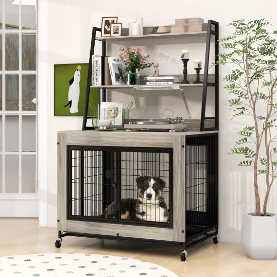 MDF Metal Dog Crate with Storage Shelves and Wheels and Flip-Top Gray {2}
