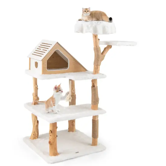 60 Inch Tall Wooden Cat Tree Tower with 2 Cozy Perches and 2 Large Platforms {1}