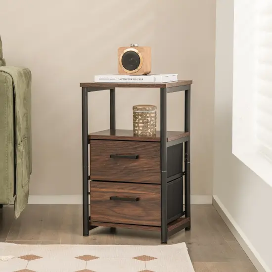 Bedside Table Set of 2 with Removable Fabric Drawers and Metal Frame-Walnut {2}