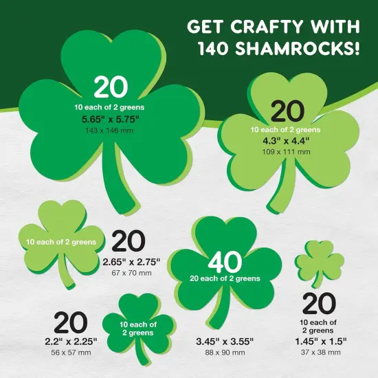140 Piece Shamrock Cutouts Set: Pre-Cut Green Irish Clover Shapes for School Supplies, Decorating Themed Events Bulletin Board & St. Patrick's Day Decor, US Made Quality Card Stock {4}
