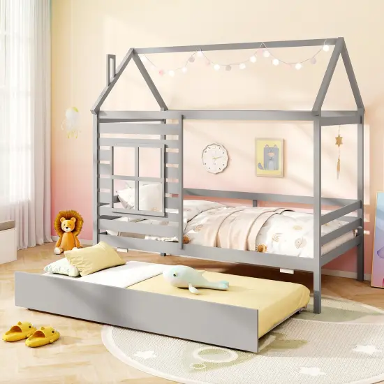 Solid Wood House Bed with Trundle, Guardrails and Customizable Design Grey {2}