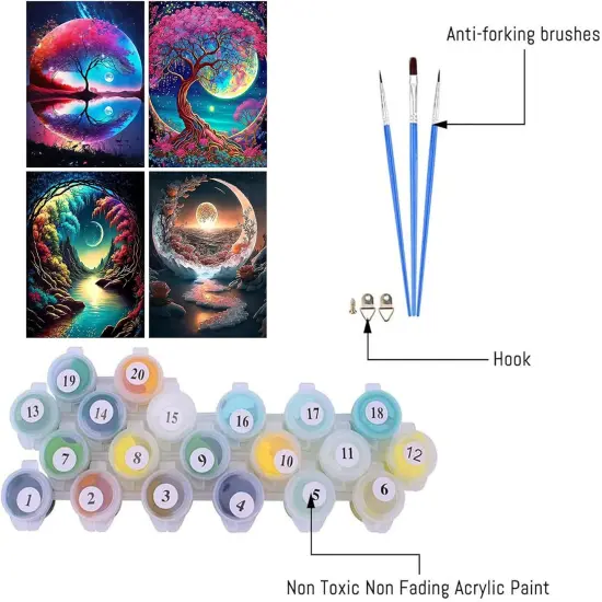 4 Pack Paint by Numbers for Adults Beginner - Mountain Moon Starry Lake Adult Paint by Numbers Kits on Landscapes Painting Kits for Kids Beginner, Painting by Numbers Perfect for Home Decor 12x16 Inch {2}