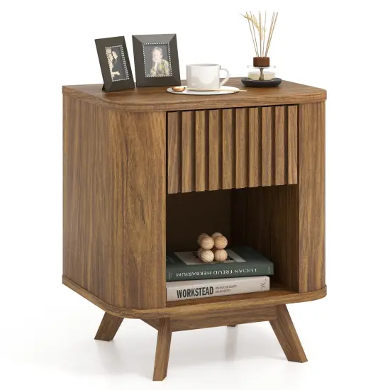 Walnut MDF Nightstand with Drawer and Open Shelf for Bedroom {4}