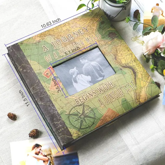 Adventure Scrapbook Album with Metallic Pen Magnetic Self-Stick Page Scrapbook for 3x5 4x6 5x7 6x8 8x10 Hand Made DIY 40 Pages Albums, Printed Kraft Paper Cover Memory Book (Map with Window) {2}