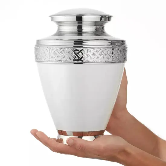 Adult Cremation Urn for Human Ashes - White and Silver with Velvet Bag {4}