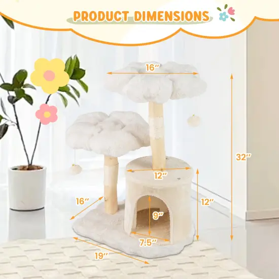 Cat Tree with Solid Wood Branch Posts, Sisal Scratching and Flower-Shaped Platforms {5}
