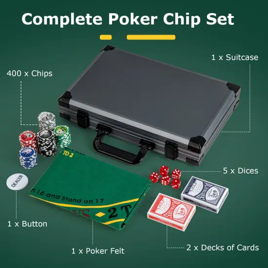 Black Aluminum Poker Chip Set with 400 Chips, Cards, Dices and Carrying Case {5}