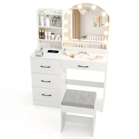 MDF Vanity Table with LED Mirror, Charging Station and Large Storage White {1}