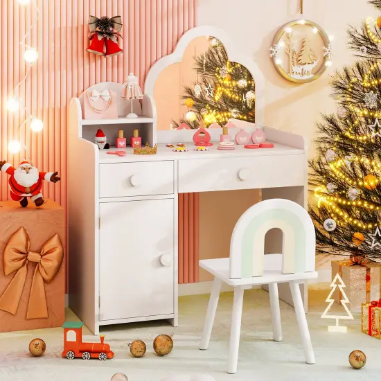 Kids Vanity Set, Cloud Shape Mirror, Storage and Pine Wood Stool White {3}