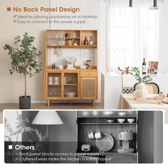 69 Inch Wine Bar Kitchen Cabinet with Sliding Tempered Glass and Rattan Door-Natural {6}