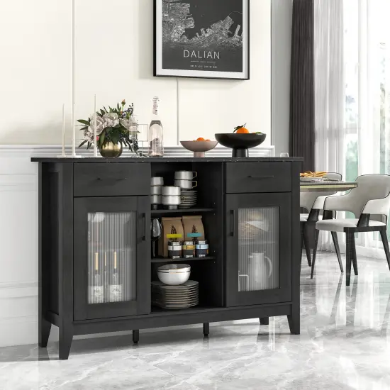 Sideboard Buffet Cabinet with 3 Open Cubes and 4 Adjustable Shelves Ideal for Home Appliances or Decorations Black {1}