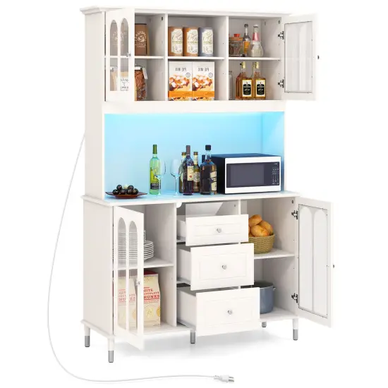 White MDF Engineered Wood Kitchen Pantry Cabinet with LED Lights and Power Outlets {4}