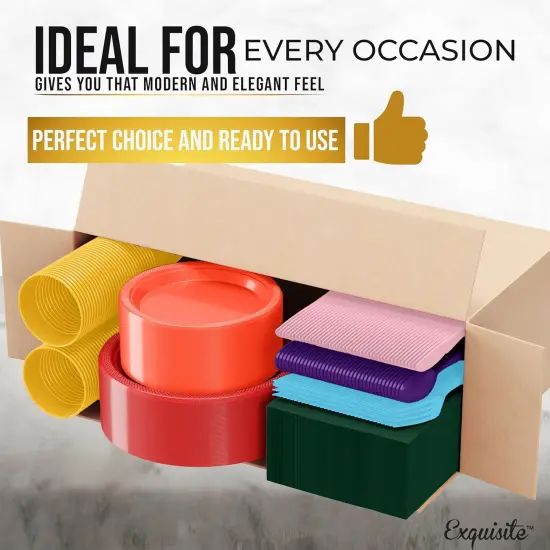 Exquisite 350 Pcs Plastic Plates for Party &ndash; Disposable Plates Set &ndash; 50 Each of 9" Dinner Plates, 7" Dessert Plates, Plastic Cups, Napkins & Plastic Cutlery &ndash; Plastic Dinnerware by Party Solids Rainbow {4}