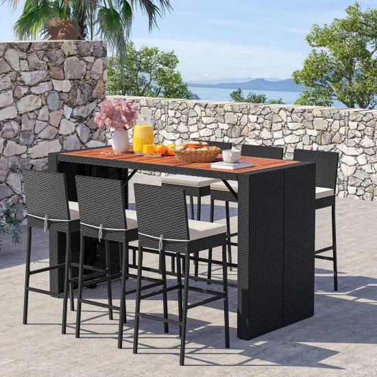 7 Pieces Acacia Wood Patio Rattan Bar Set with Comfortable Footrest and Backrest {2}