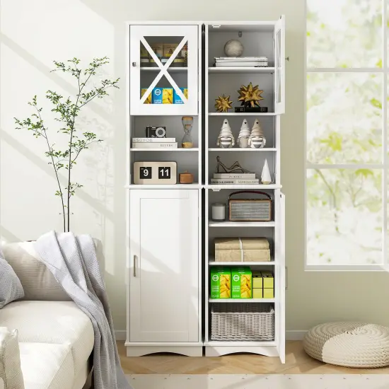 67 Inch Tall Freestanding Bathroom Storage Cabinet with 5 Adjustable Shelves and 2 Open Compartments White {6}