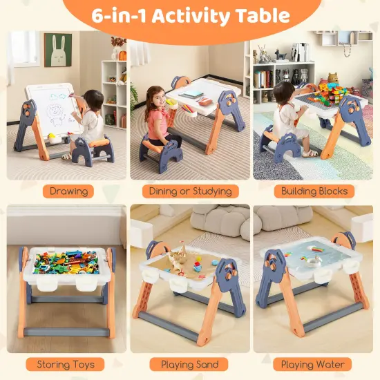 6-In-1 Folding Kids Art Easel with Reversible Building Block Tabletop Ideal Gift for Kids {6}