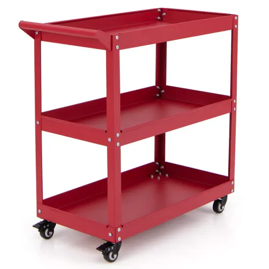 3-Tier Rolling Utility Tool Cart with 3 Large Shelves and 4 Universal Wheels Perfect for Kitchen or Garage Red {4}