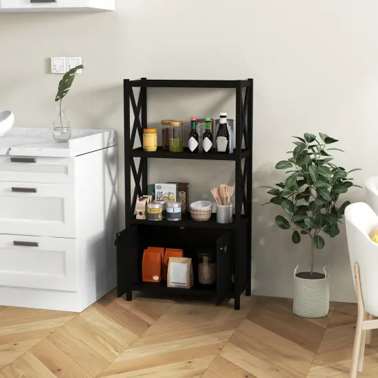 Tall Freestanding Floor Bathroom Storage Cabinet with 2-Tier Open Shelves and Magnetic Doors Black {3}