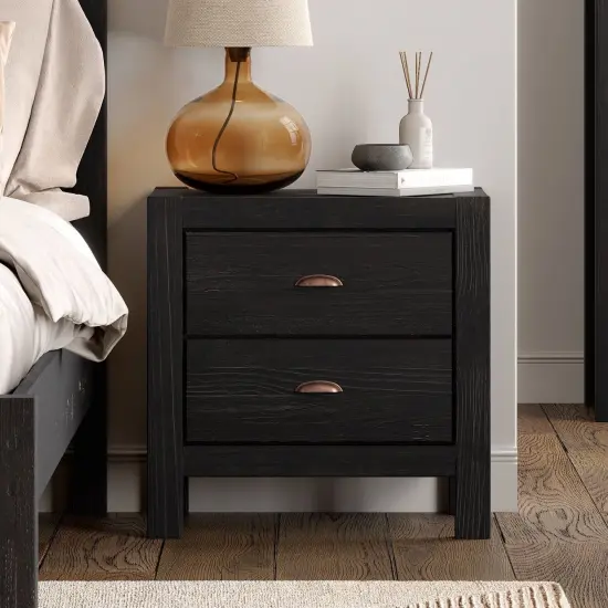 Farmhouse Style Solid Pine Wood 2-Drawer Nightstand Bedside Table Black {4}