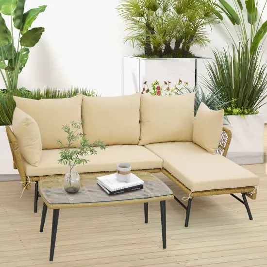 3 Pieces L-Shaped Patio Sofa with Tempered Glass Coffee Table with Metal Frame Beige {2}
