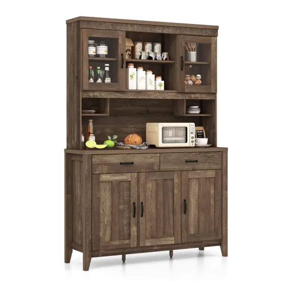 Kitchen Freestanding Hutch Cabinet with Microwave Countertop-Brown {4}