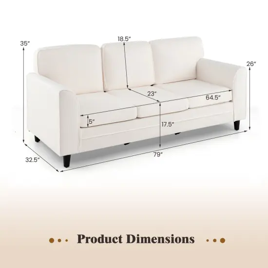 Modern 3-Seater Sofa Couch with Soft Teddy Velvet Ergonomic Cushions Wood Legs for Living Room White {4}