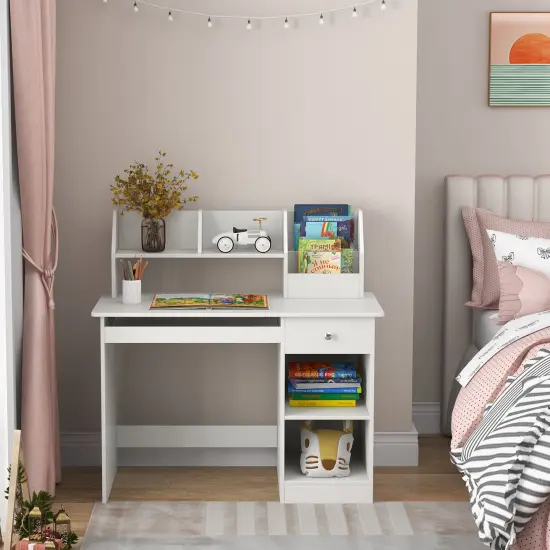 White Children Writing Table with Keyboard Tray and Hutch Drawer Shelves Ideal for Kids {3}