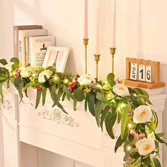Flower Garland with Lights, Greenery Floral Garland with Camellia Rose Buds Fake Flowers for Wedding Arch Party Tables Mantle Backdrop Room Decor {2}